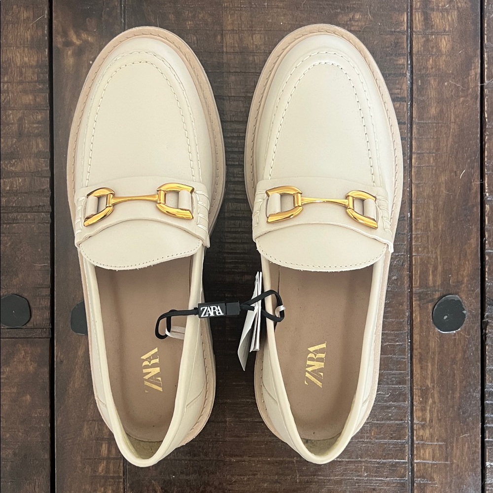 Zara Cream Loafers with Gold Hardware